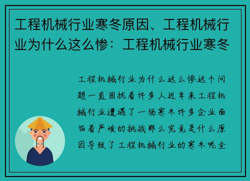 工程机械行业寒冬原因、工程机械行业为什么这么惨：工程机械行业寒冬：原因分析与应对策略